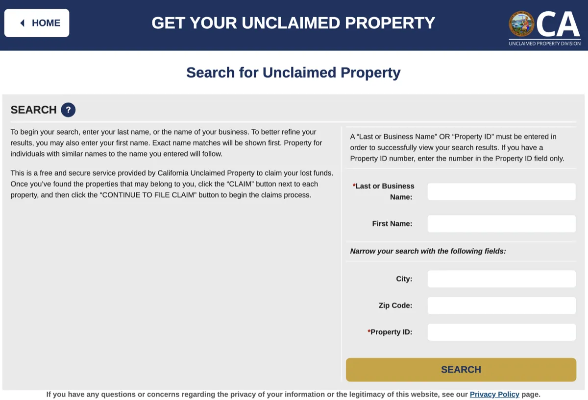 California State Controller unclaimed property search form at claimit.ca.gov, with fields for Last or Business Name, First Name, City, Zip Code, and Property ID, plus a gold SEARCH button