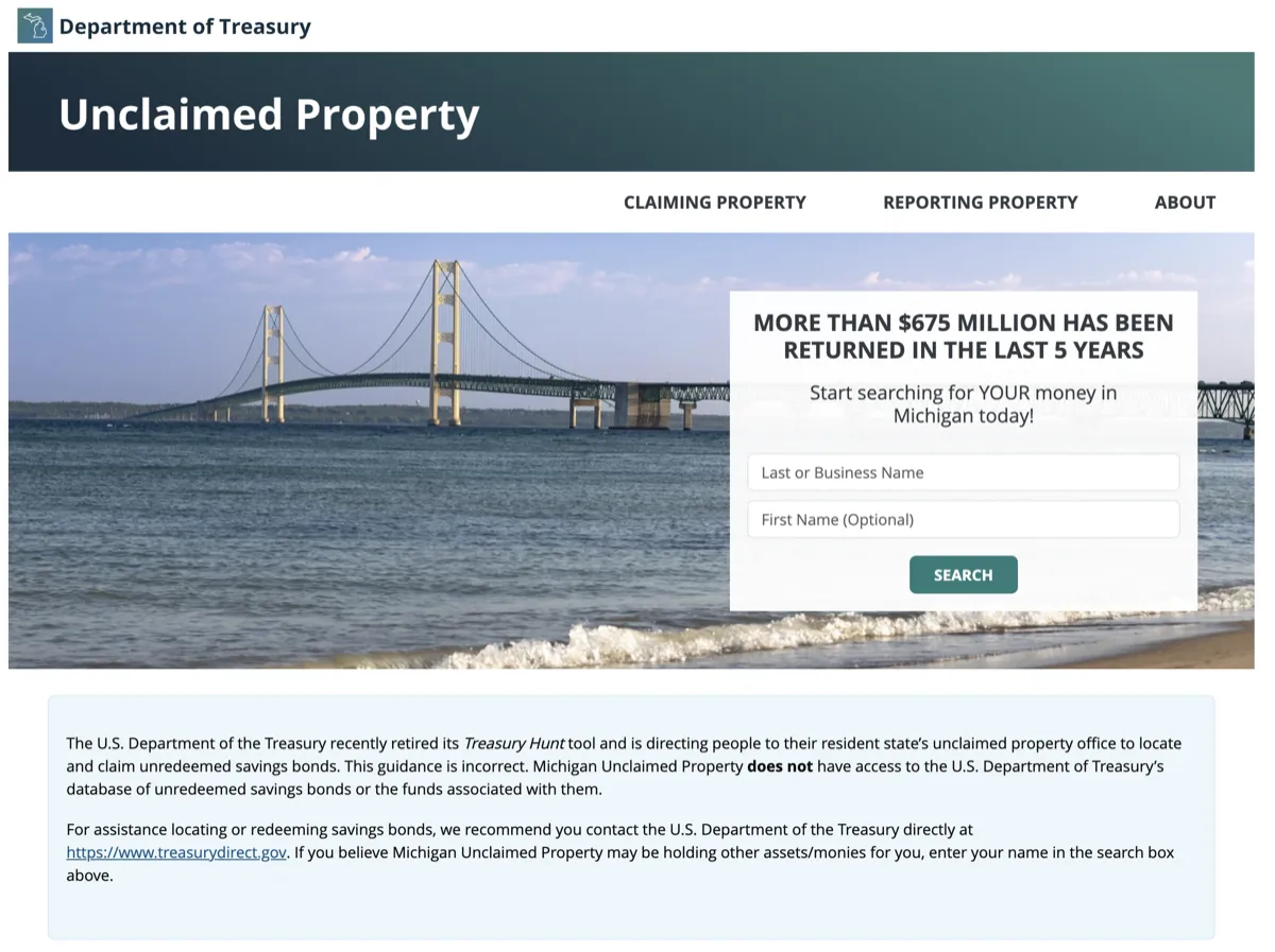 Michigan unclaimed property search form at unclaimedproperty.michigan.gov, with fields for Last or Business Name, First Name, City, Zip Code, and Property ID, plus a gold SEARCH button